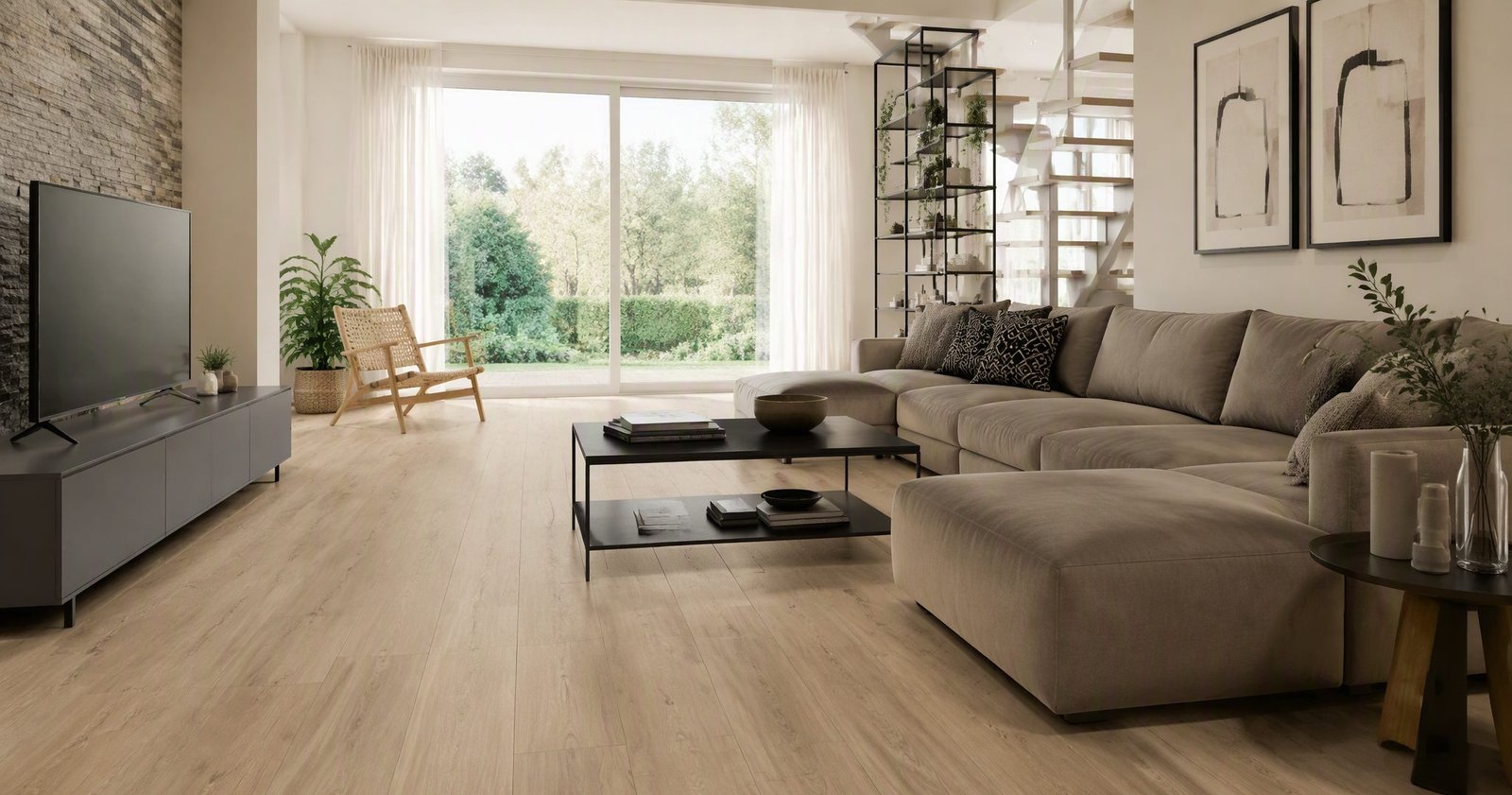 Soggiorno con pavimento in gres porcellanato effetto rovere appena posato in una casa di Varese, luce naturale